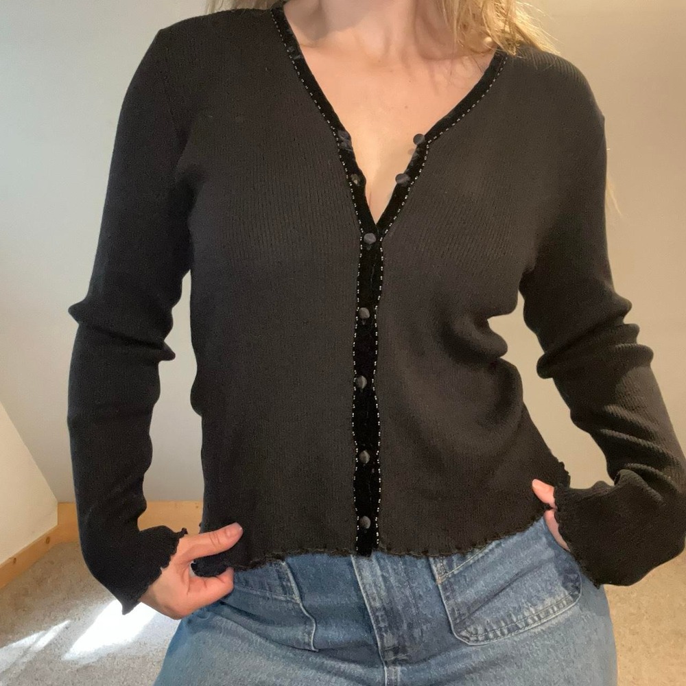 VTG 90s August Silk Lettuce Trim Witch Core Cardigan Top Silk Blend Black Size L